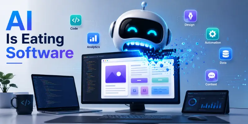 ai devouring software in a futuristic office AI devouring software in a futuristic office